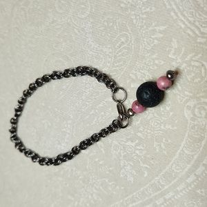 NEW! Handmade 8" aromatherapy bracelet with lava rock, rhodonite, gray pearls.